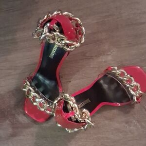 True Religion Red and Gold Heels with Statement Chain